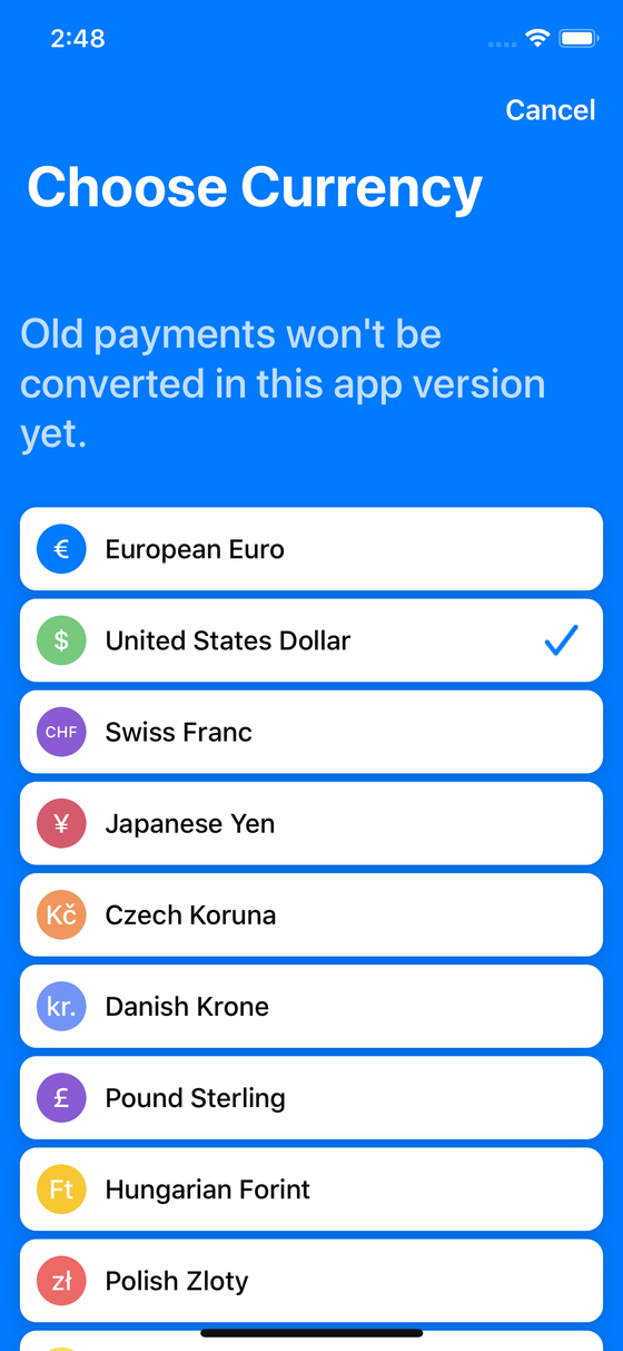 Choose between Currencies on iOS